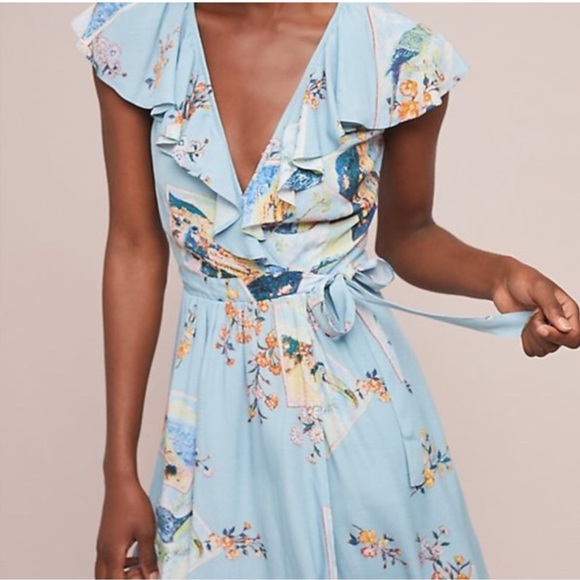 Anthropologie Maeve Rosalia Bluebird Print Wrap Dress
